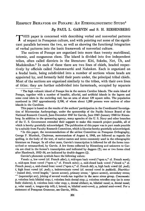 Respect Behavior on Ponape – An Ethnolinguistic Study