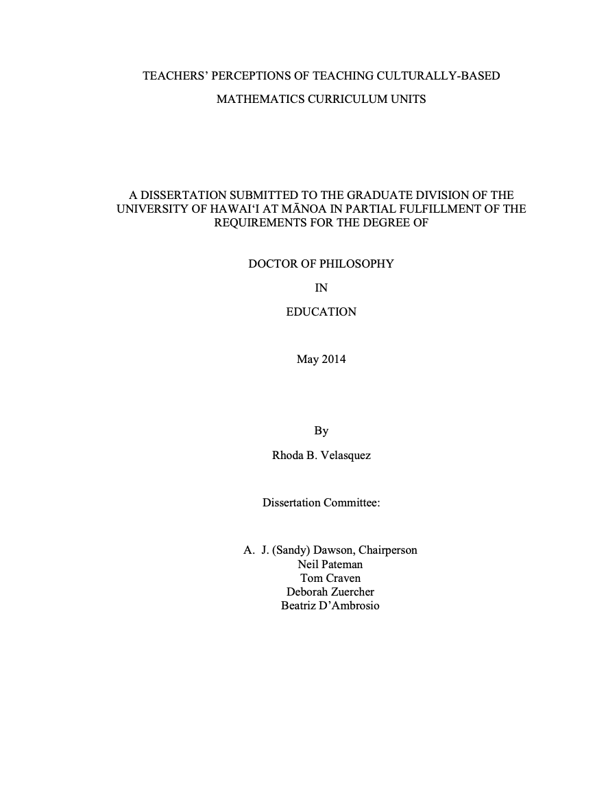 The teachers perceptions of teaching culturally-based mathematics curriculum units