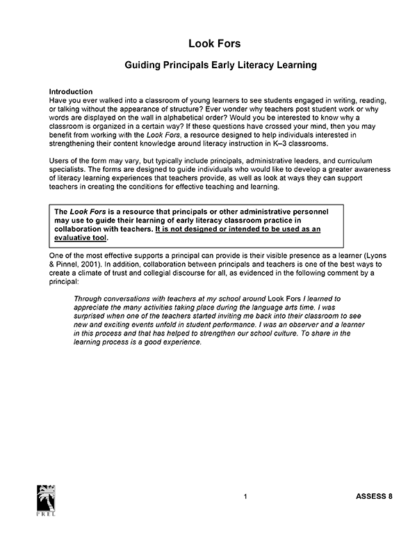 Look Fors – Guiding Principals Early Literacy Learning